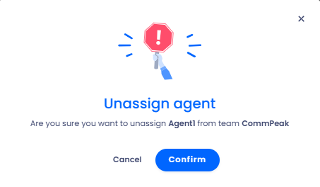 Screenshot of the dialog showing a message to confirm the removal of an agent from team 'CommPeak' and the 'Confirm' and 'Cancel' buttons.