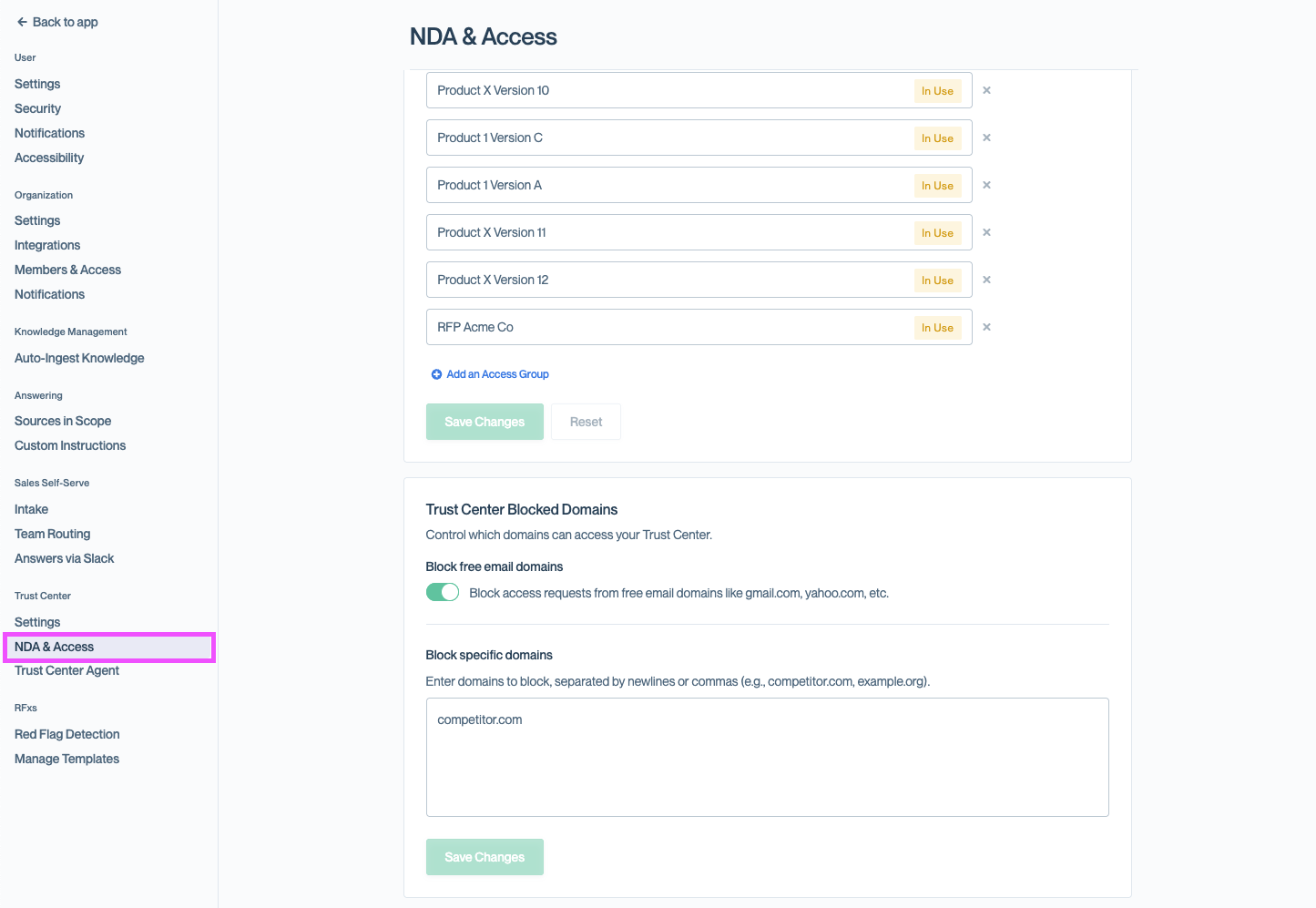 Settings sidebar with the Trust Center NDA & Access settings selected.