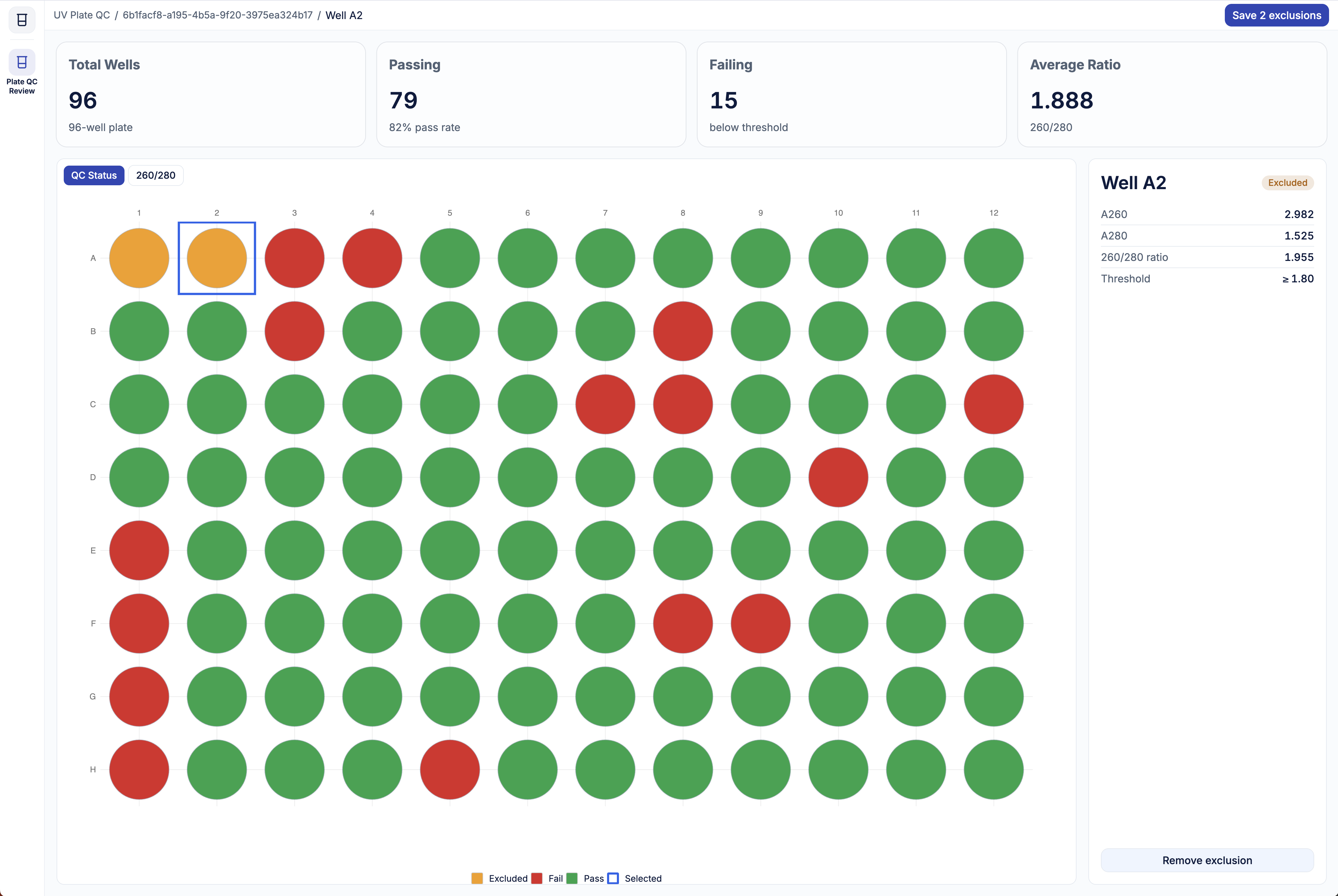 QC review screen showing real plate data with the live file ID in the breadcrumb