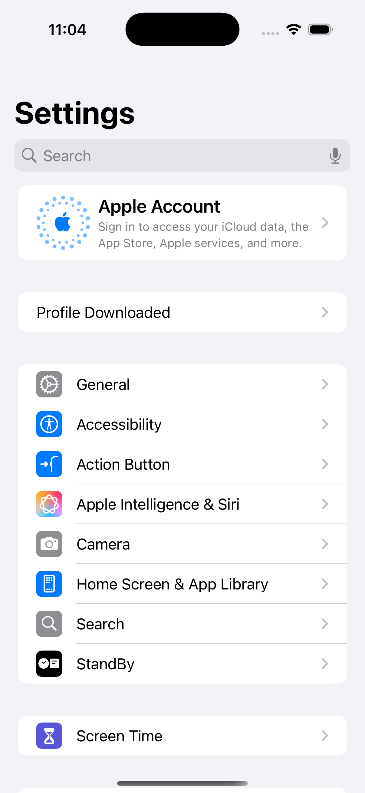 Settings app with Profile Downloaded visible