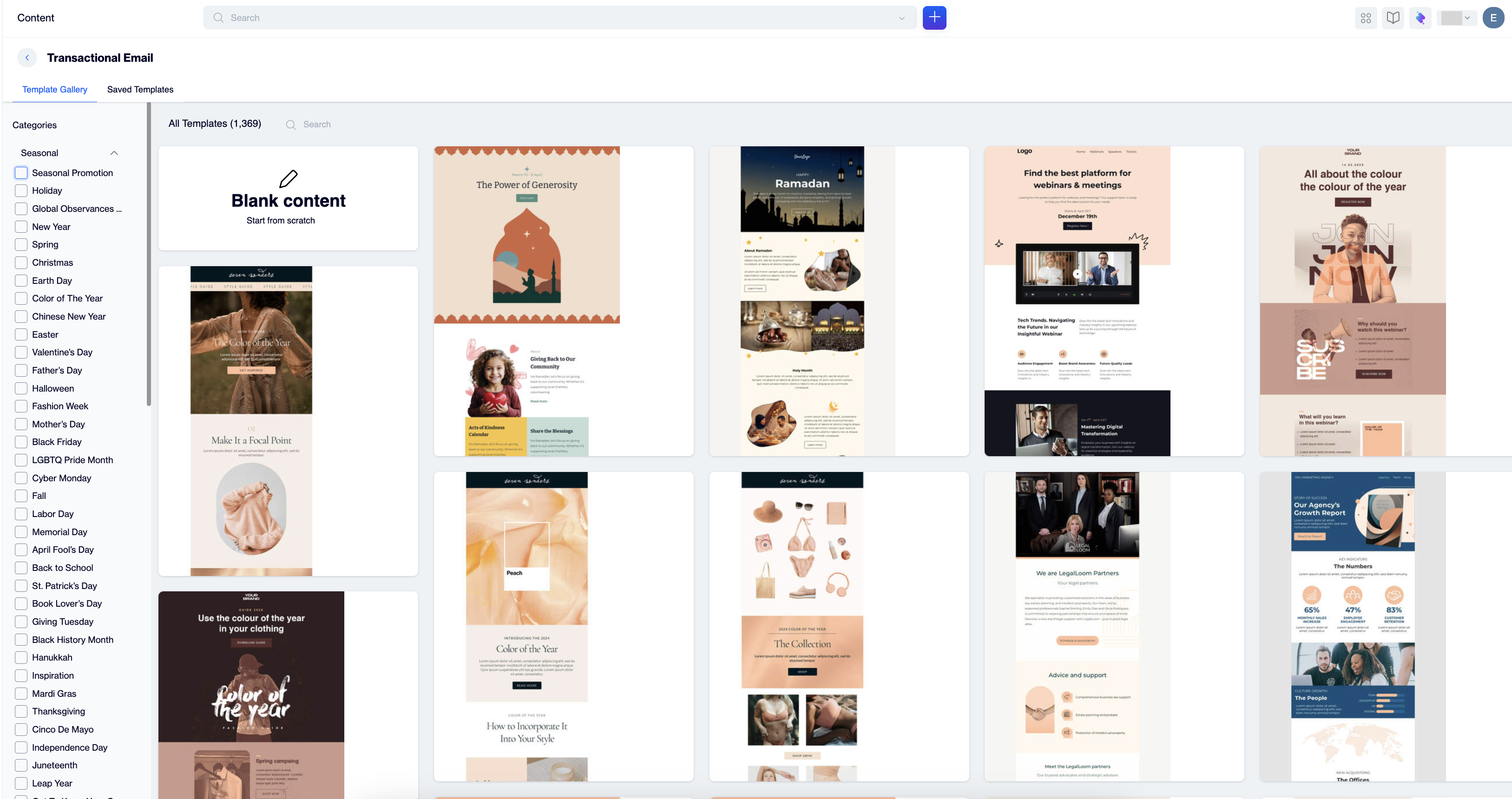 Dengage Template Gallery showing the Categories panel with the Seasonal group expanded and checkboxes such as Seasonal Promotion, Holiday and New Year, the Blank content card, and a grid of template thumbnails