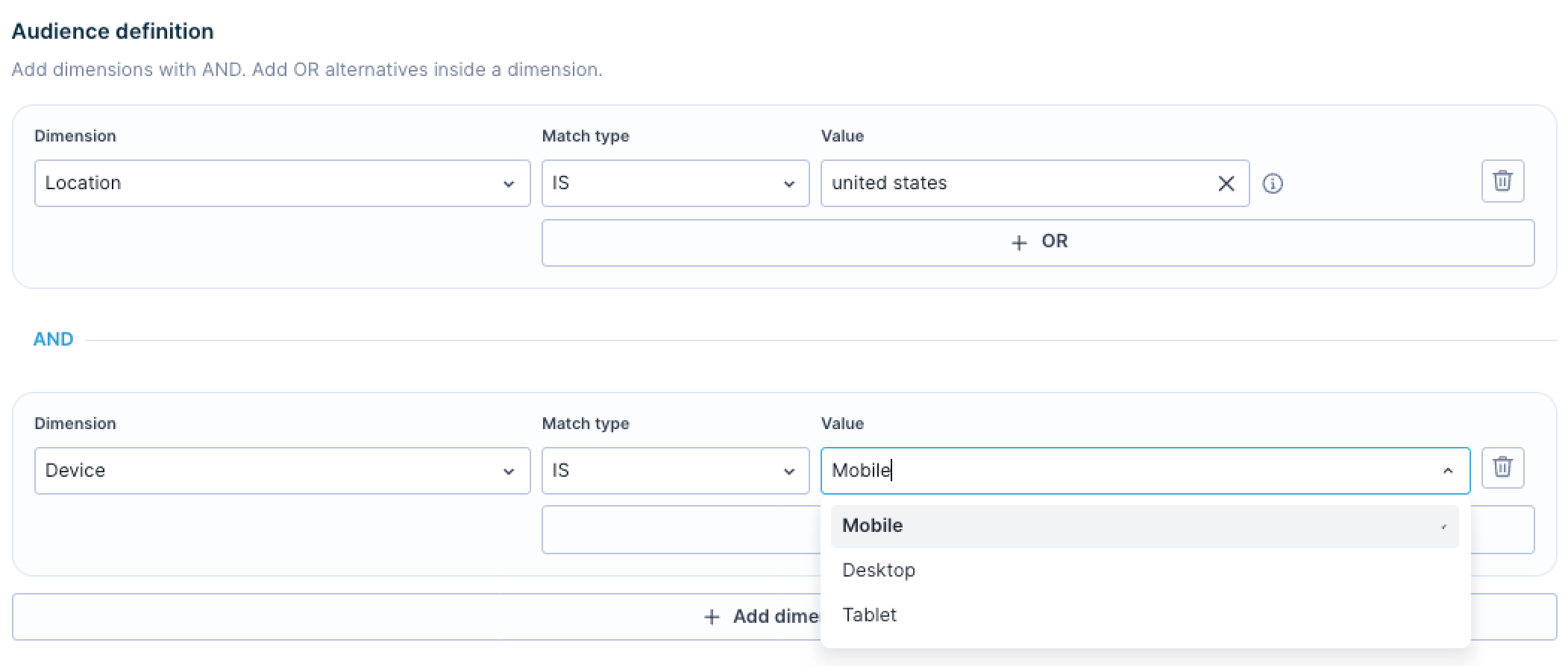 Audience Setup screen with multiple dimensions configured.