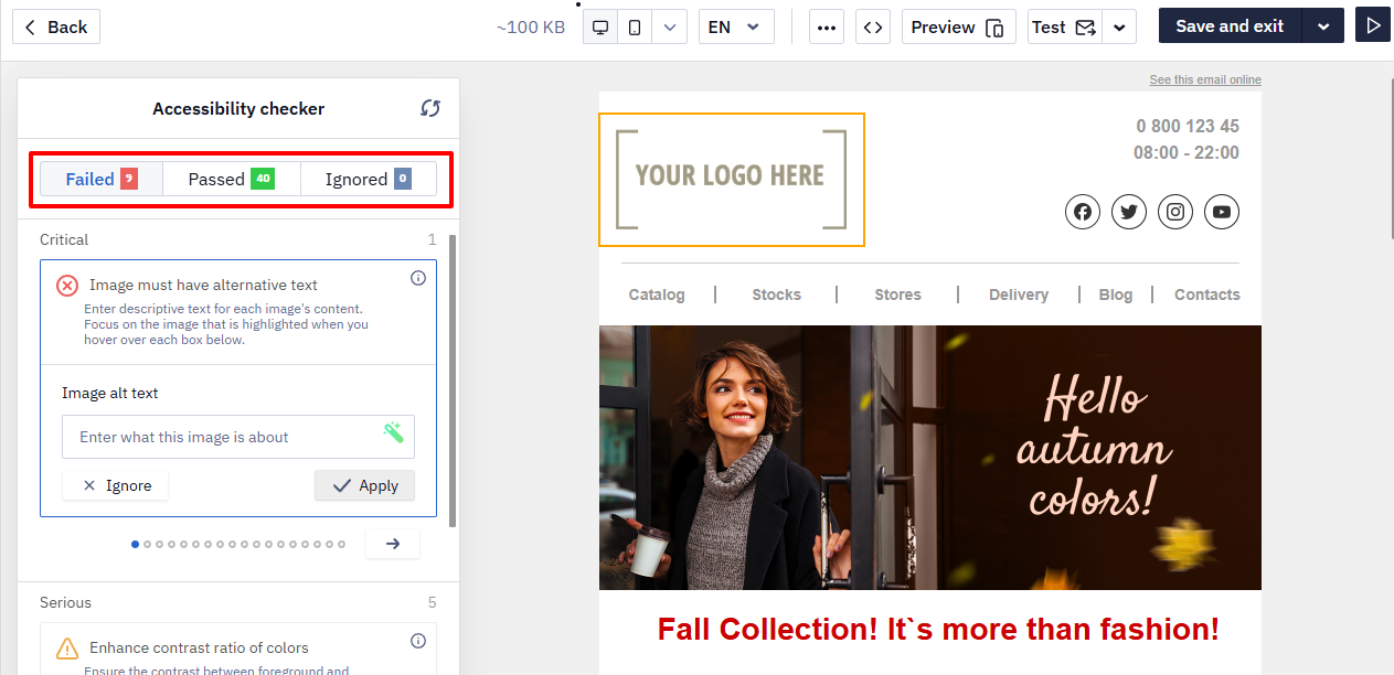 Accessibility checker panel showing Failed, Passed, and Ignored tabs with results