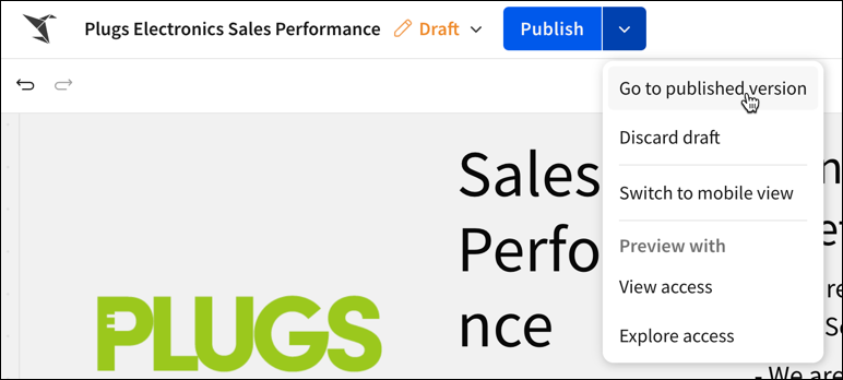 Screenshot of the Publish menu open and mouse hovering over Go to published version