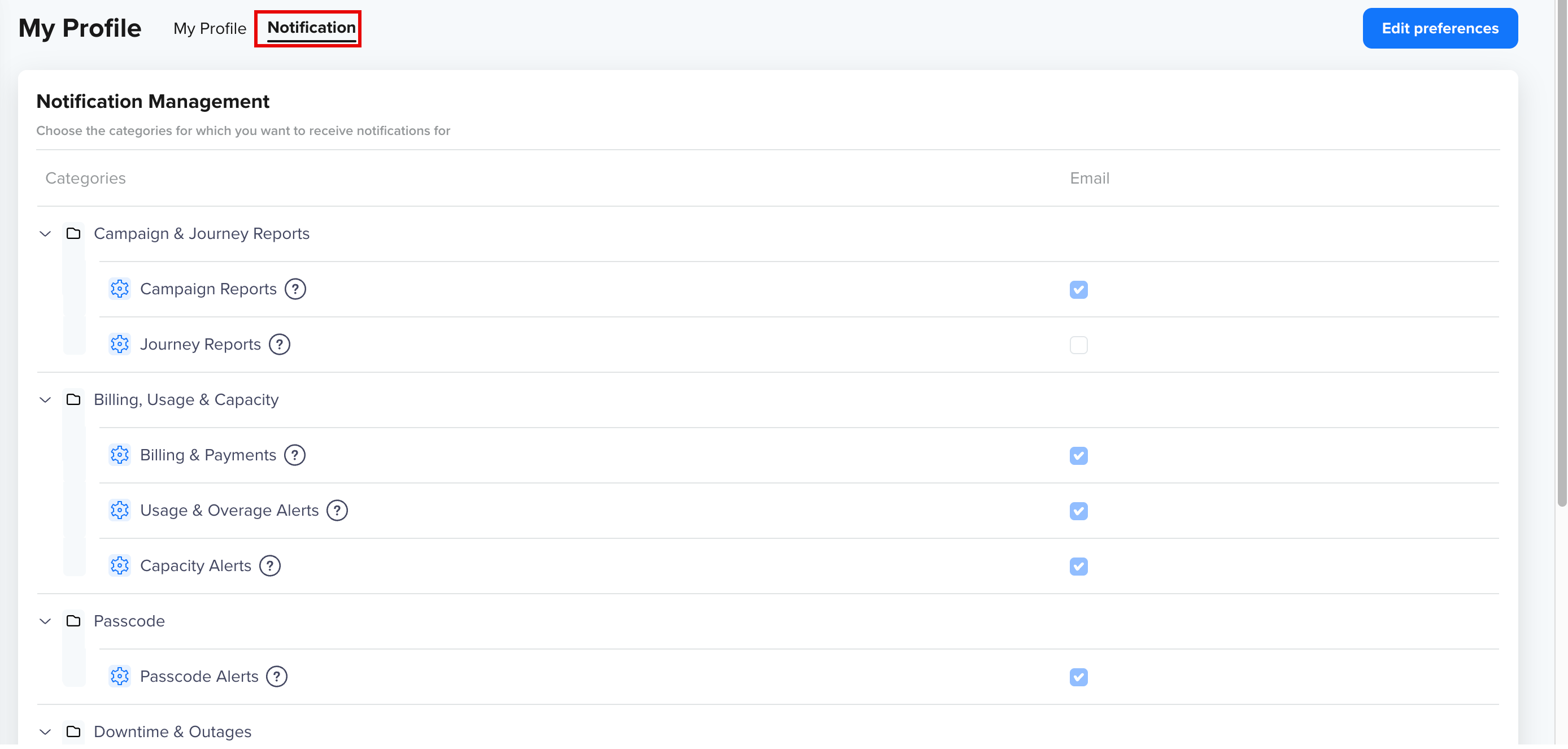 The Notification tab on My Profile, showing categories expanded into individual alerts with checkboxes
