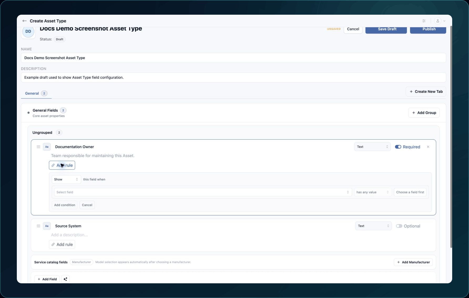 Asset Type field editor showing required state and a conditional visibility rule builder.