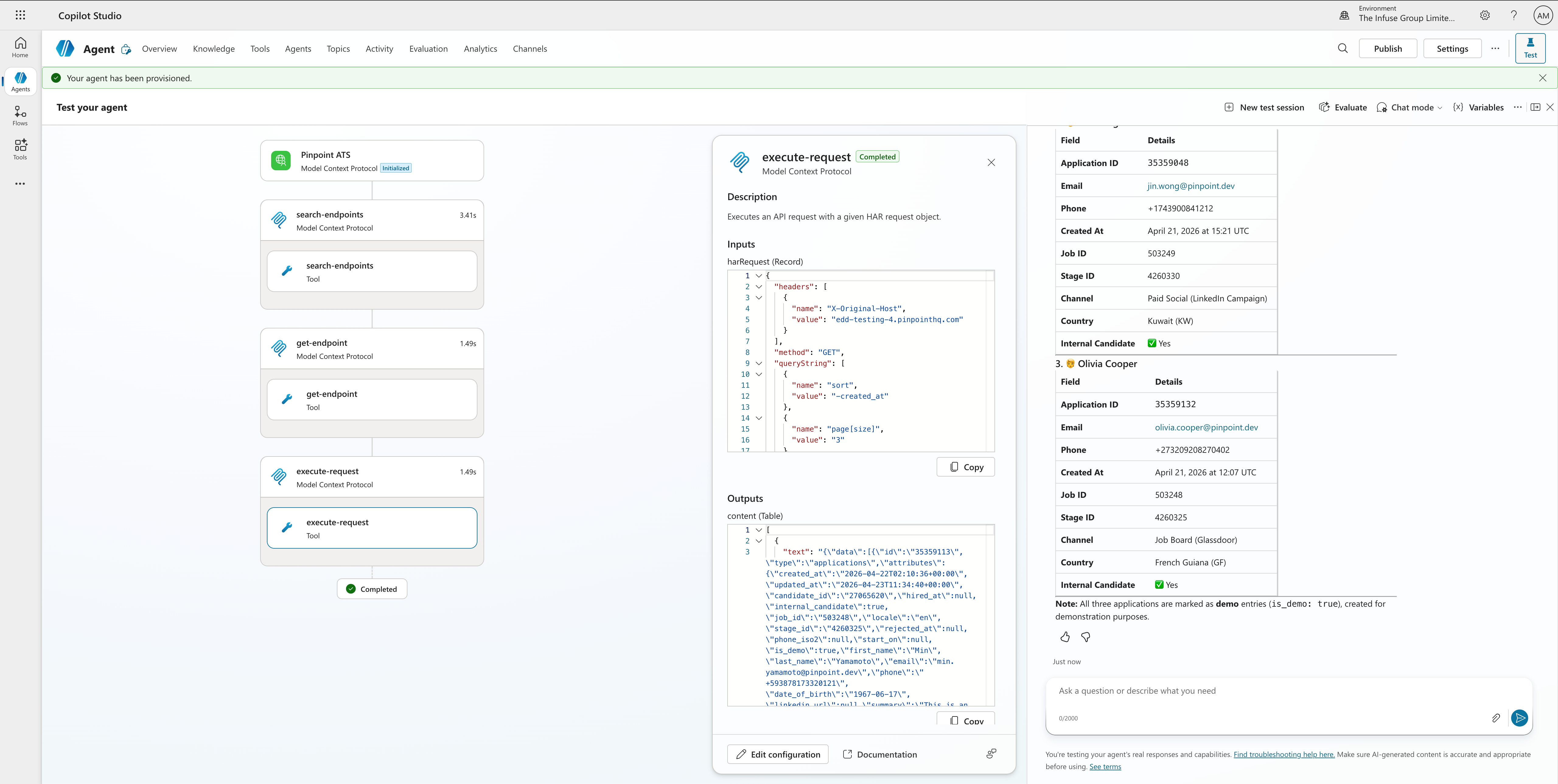 Step 12 – Agent Tools tab showing Pinpoint ATS tool listed
