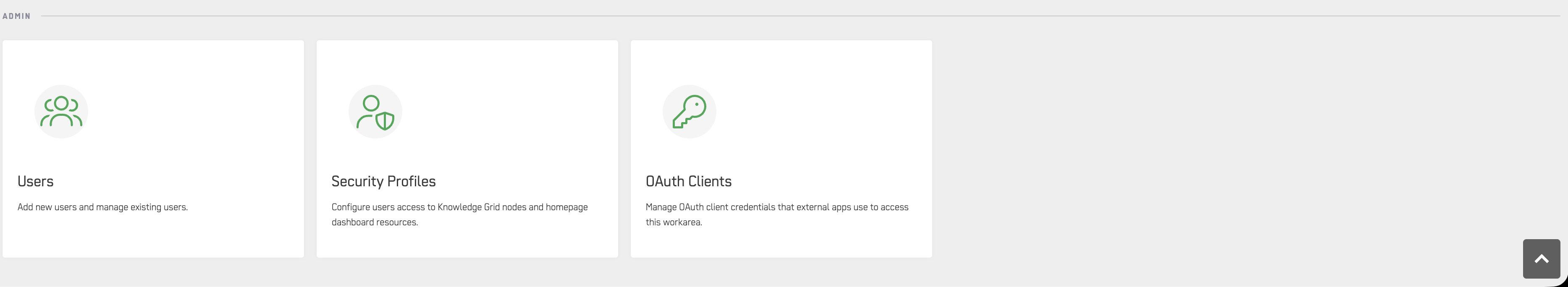 Admin section of the home dashboard showing Users, Security Profiles, and OAuth Clients