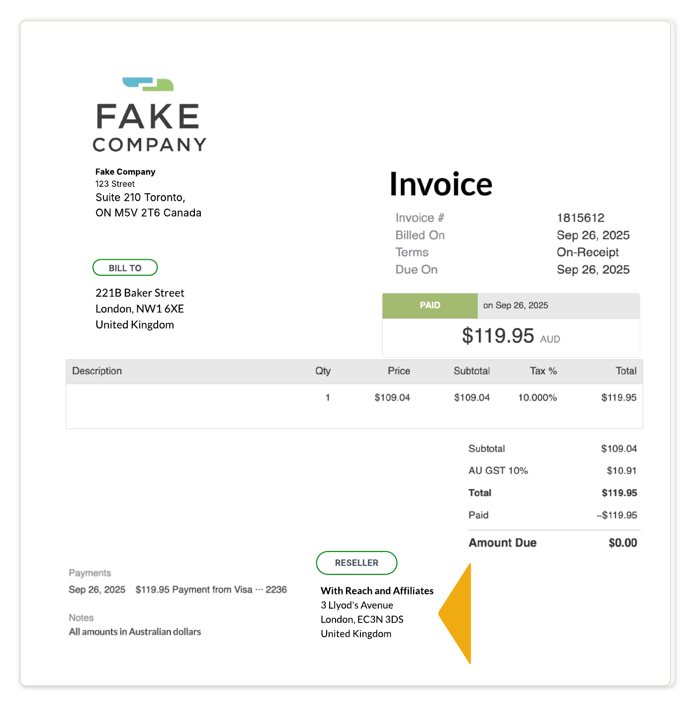 Example invoice with Reach as reseller in the footer.