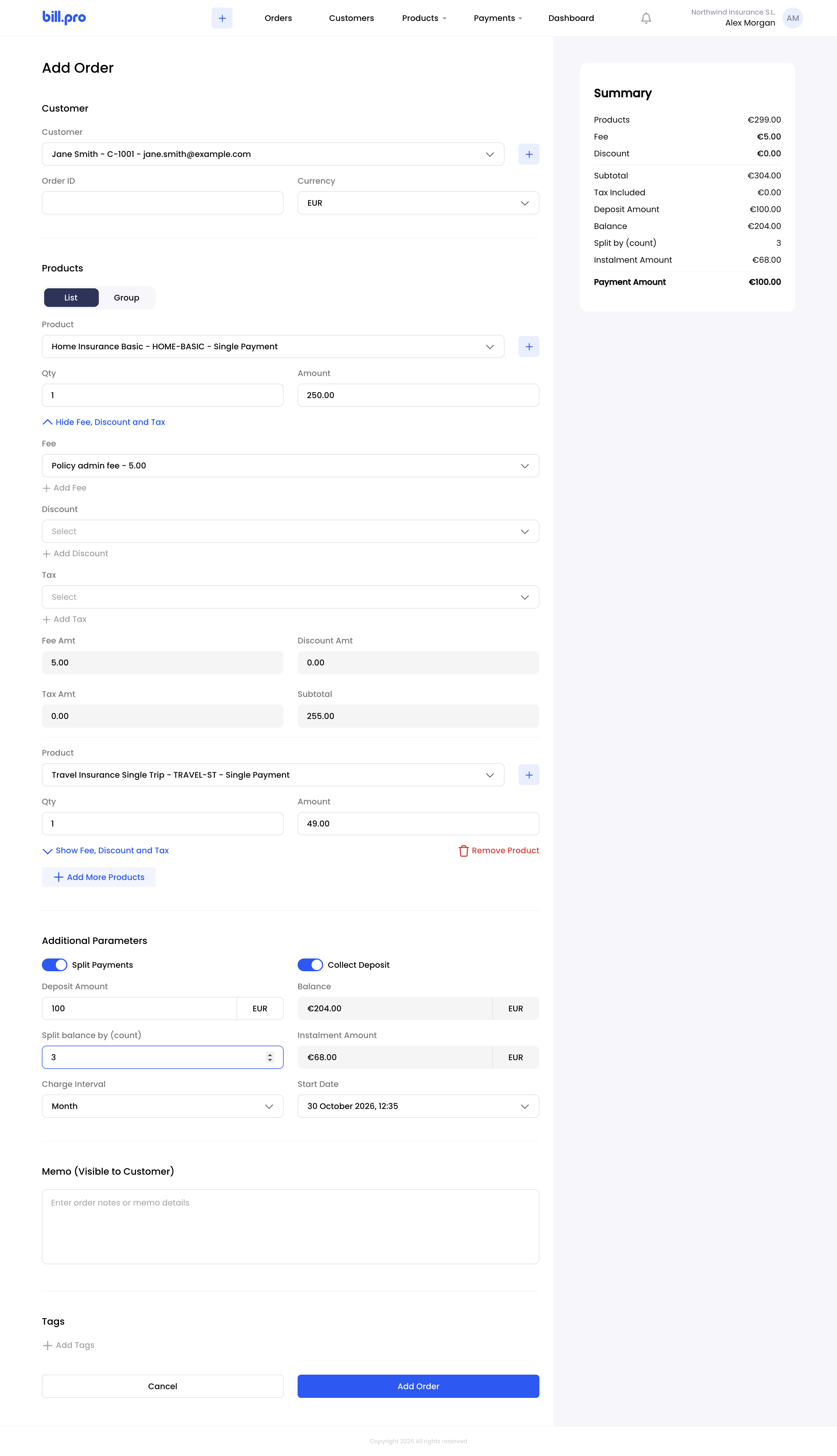Add Order with Split Payments on, a deposit and three instalments