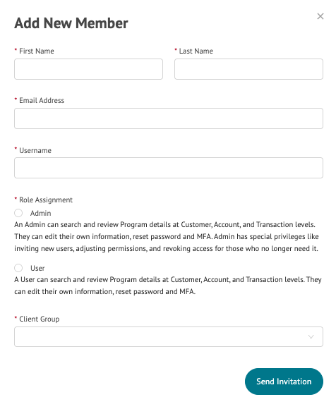 Add New Member form with fields for user details, role assignment, and client group