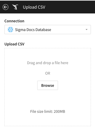 Upload CSV page shown with the Sigma Docs Database connection selected in the Connections drop-down menu.