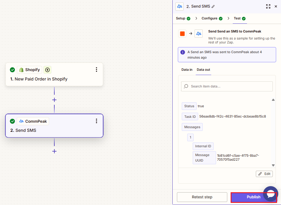 Screenshot of the Publish button