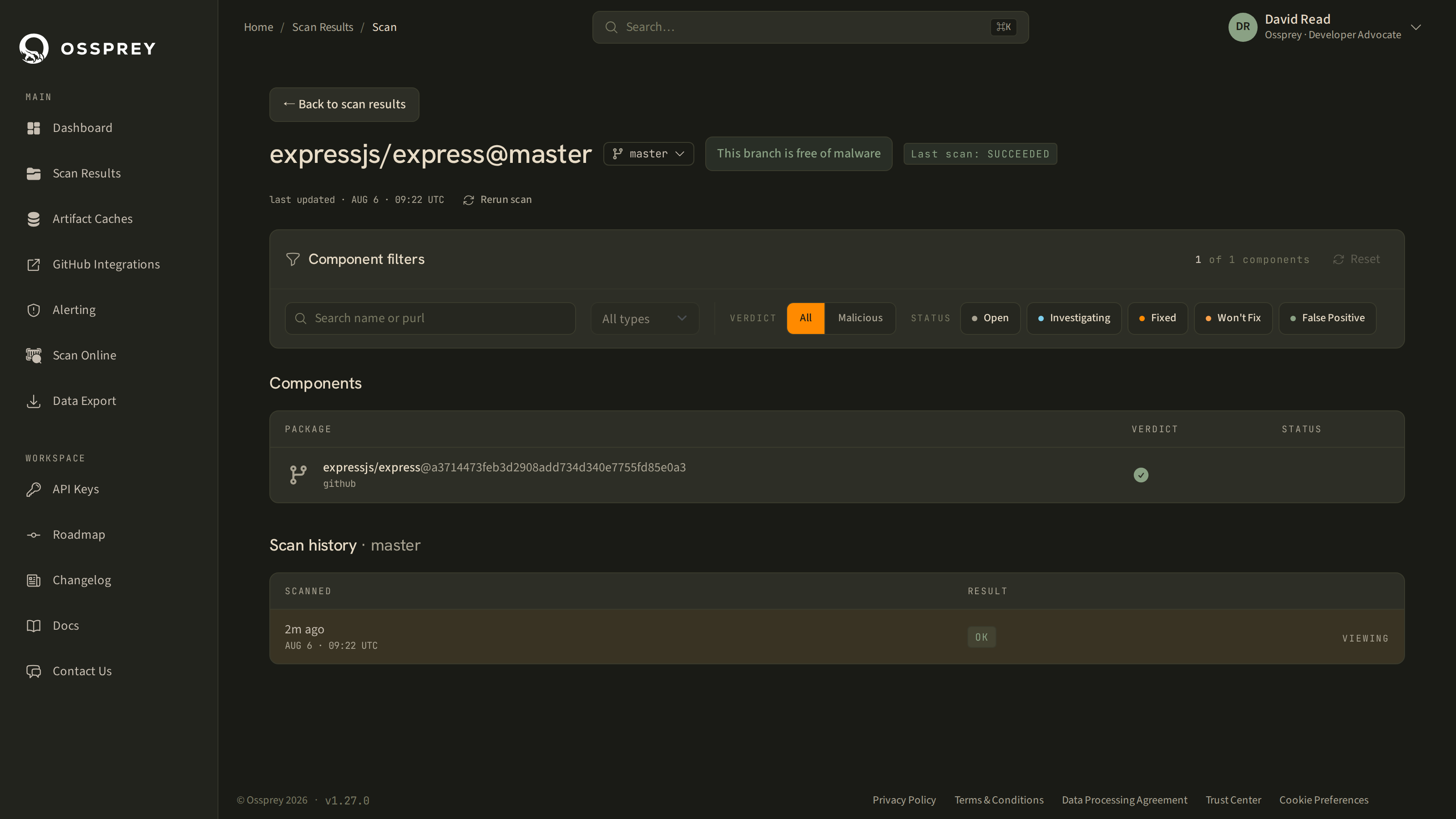 Drilling into a repository: overall verdict, component list with filters, and the scan history for the monitored branch. Repository scan details