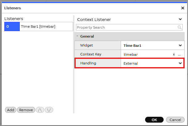 Context Listener settings for timebar1 in Sub Dashboard. Remember to choose "External" handling. 