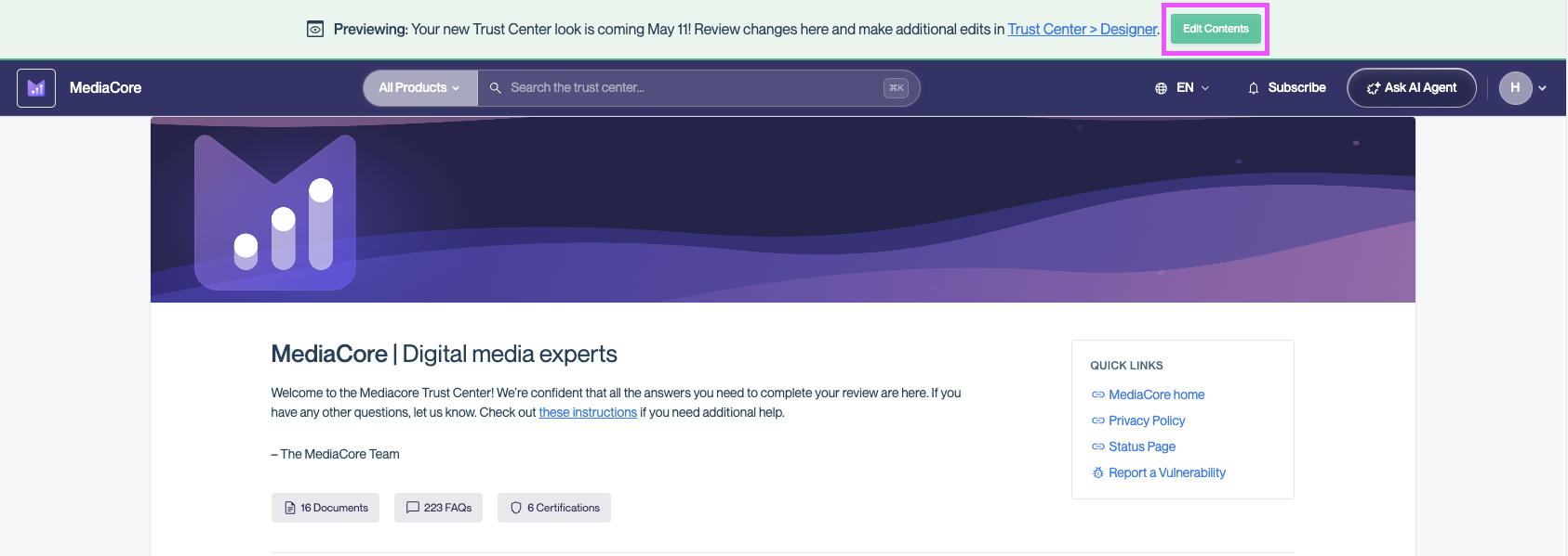 Trust Center in preview mode with the Edit Contents button highlighted in the top preview banner.