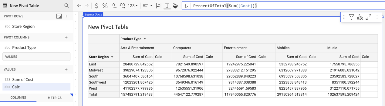 Formula for a calculated column using the PercentOfTotal formula on the Sum(Cost) source column.
