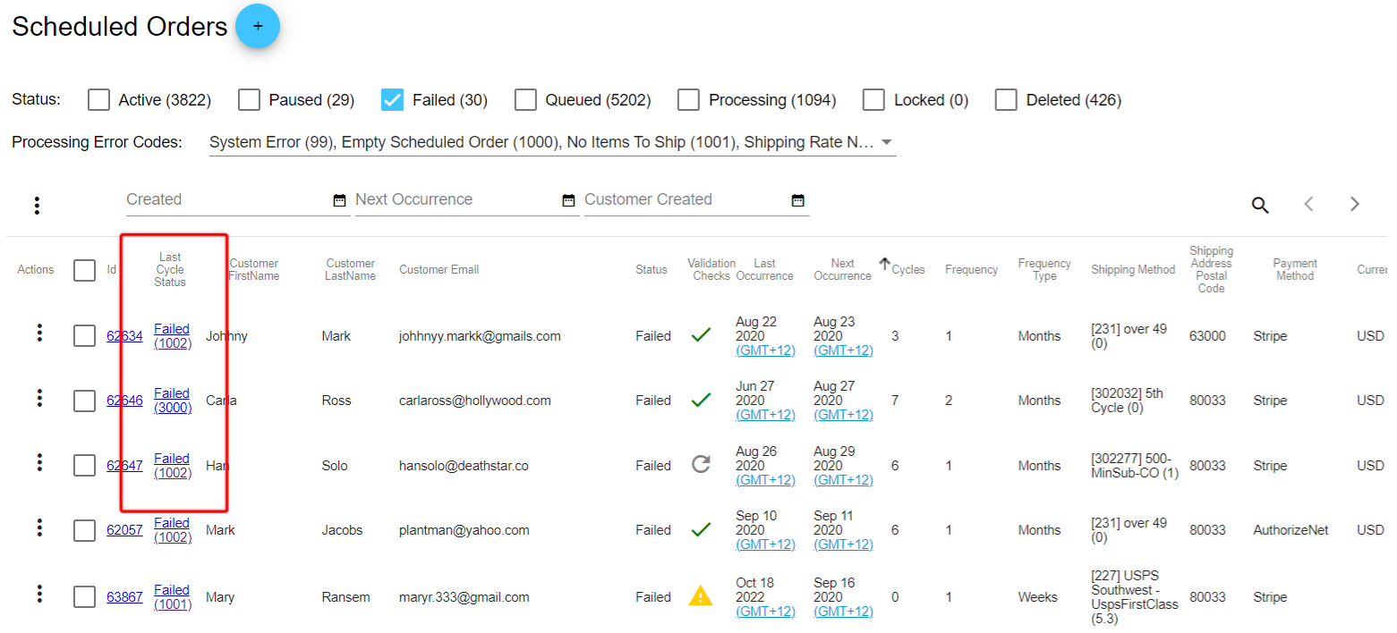 Example of Identifying Failed Scheduled Orders 