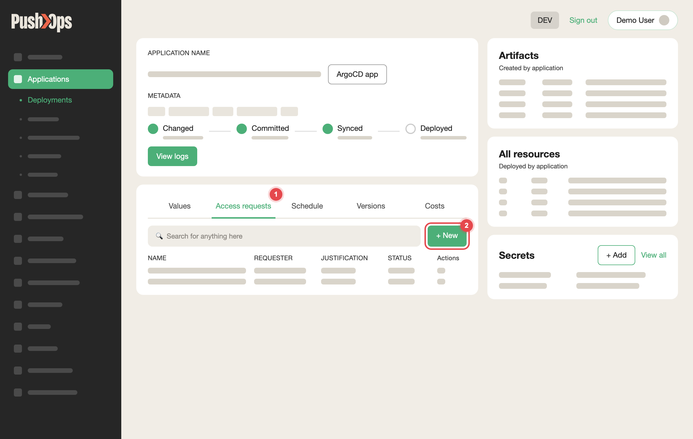 An application Component in SVIEW with the Access requests tab marked 1 and the + New button marked 2