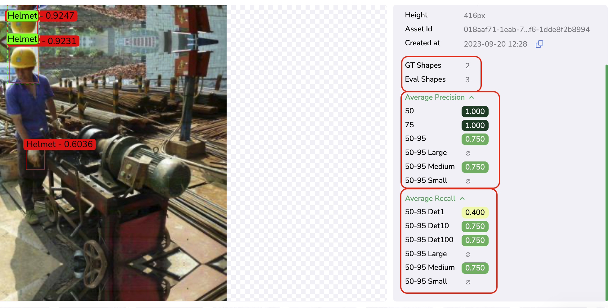 Metrics computed for an `Evaluation` on Details view