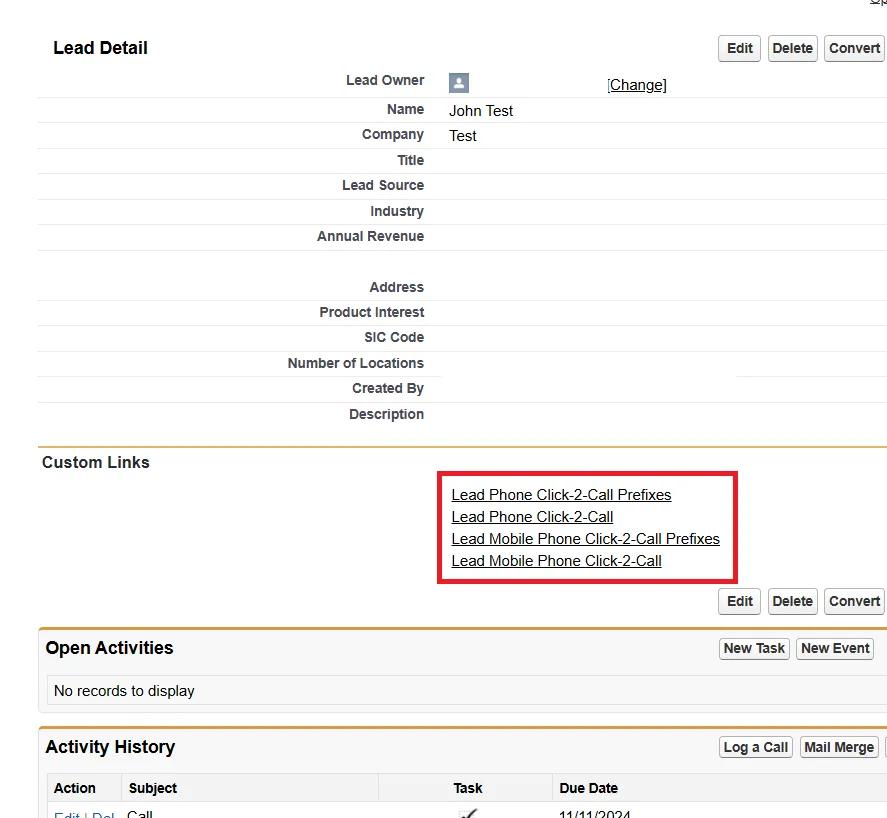 Screenshot with the Click2Call controls in Salesforce lead details