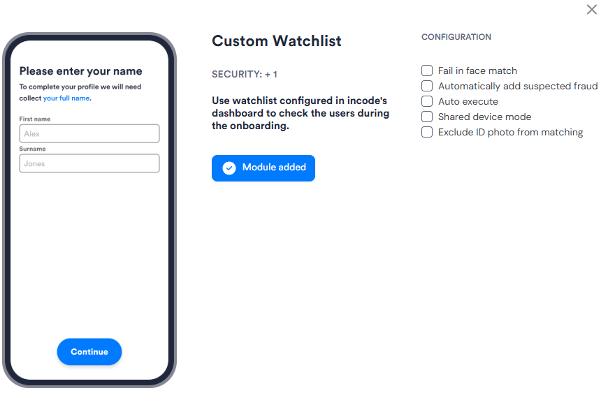 Image of the Custom Watchlist module's configuration panel in Flows. Has five configuration options.