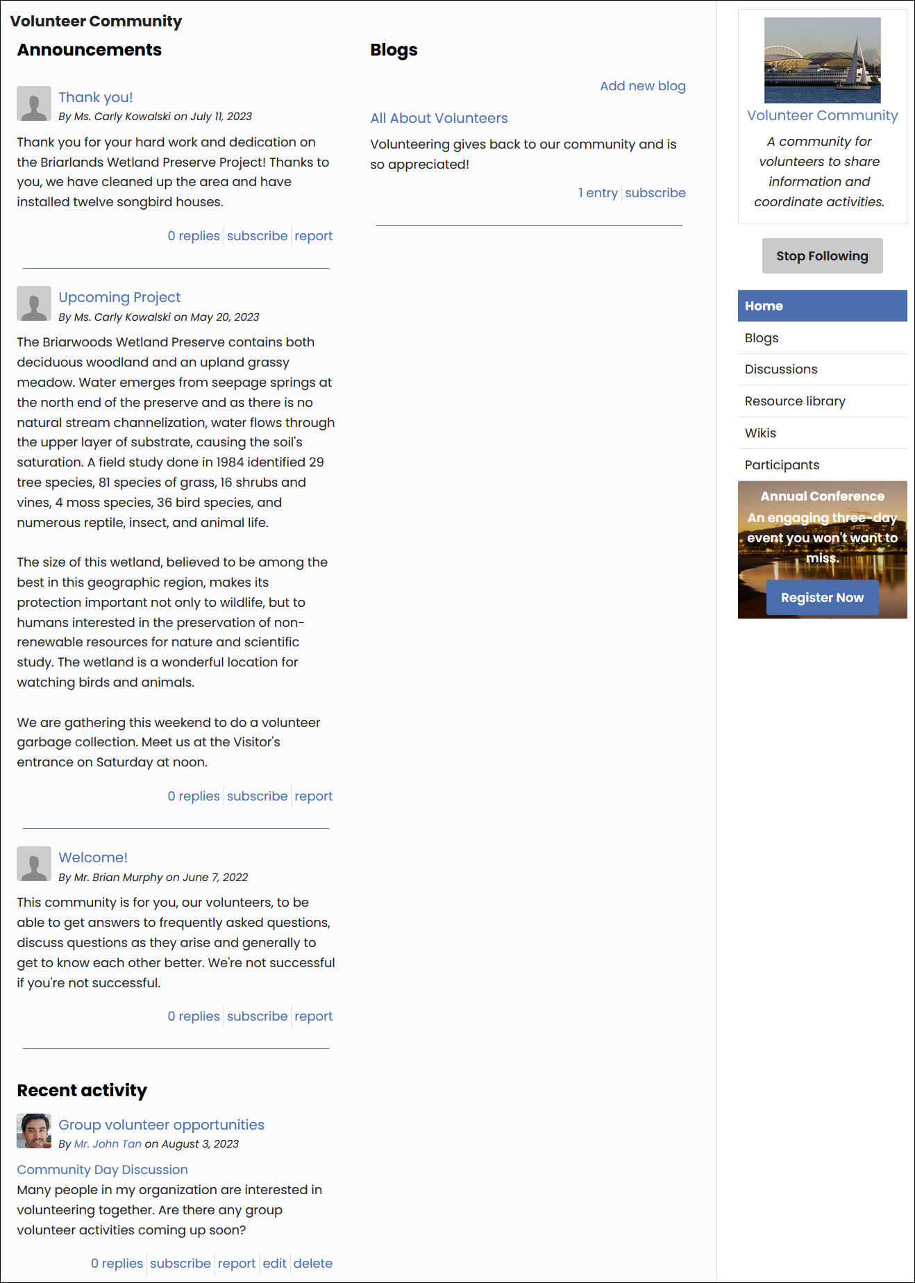 Example Volunteer Community page.