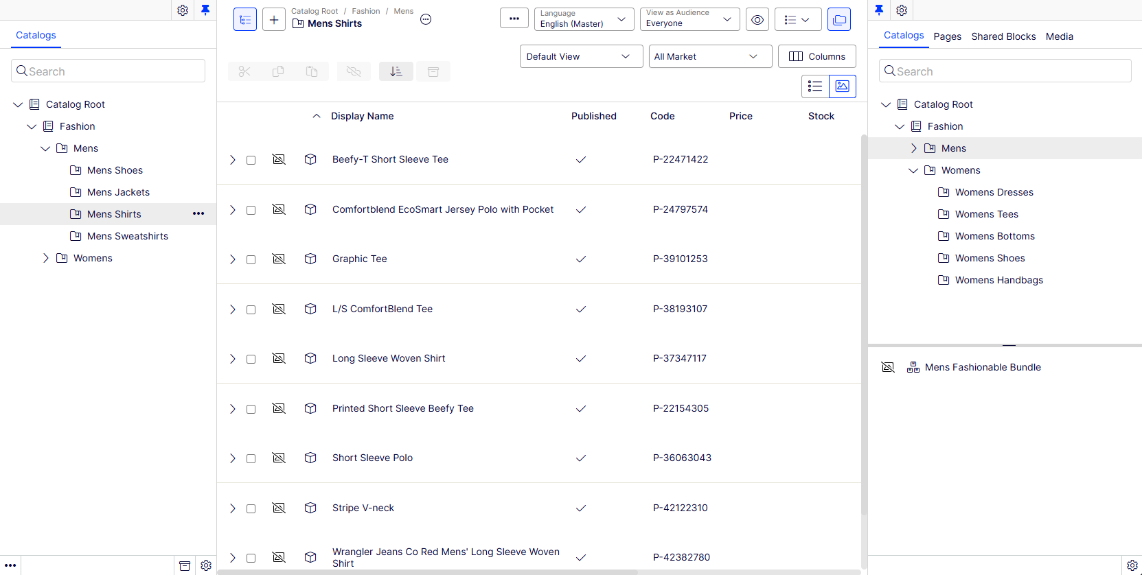 screenshot of the Commerce Connect catalogs list showing default columns for catalogs, categories, products, and variants