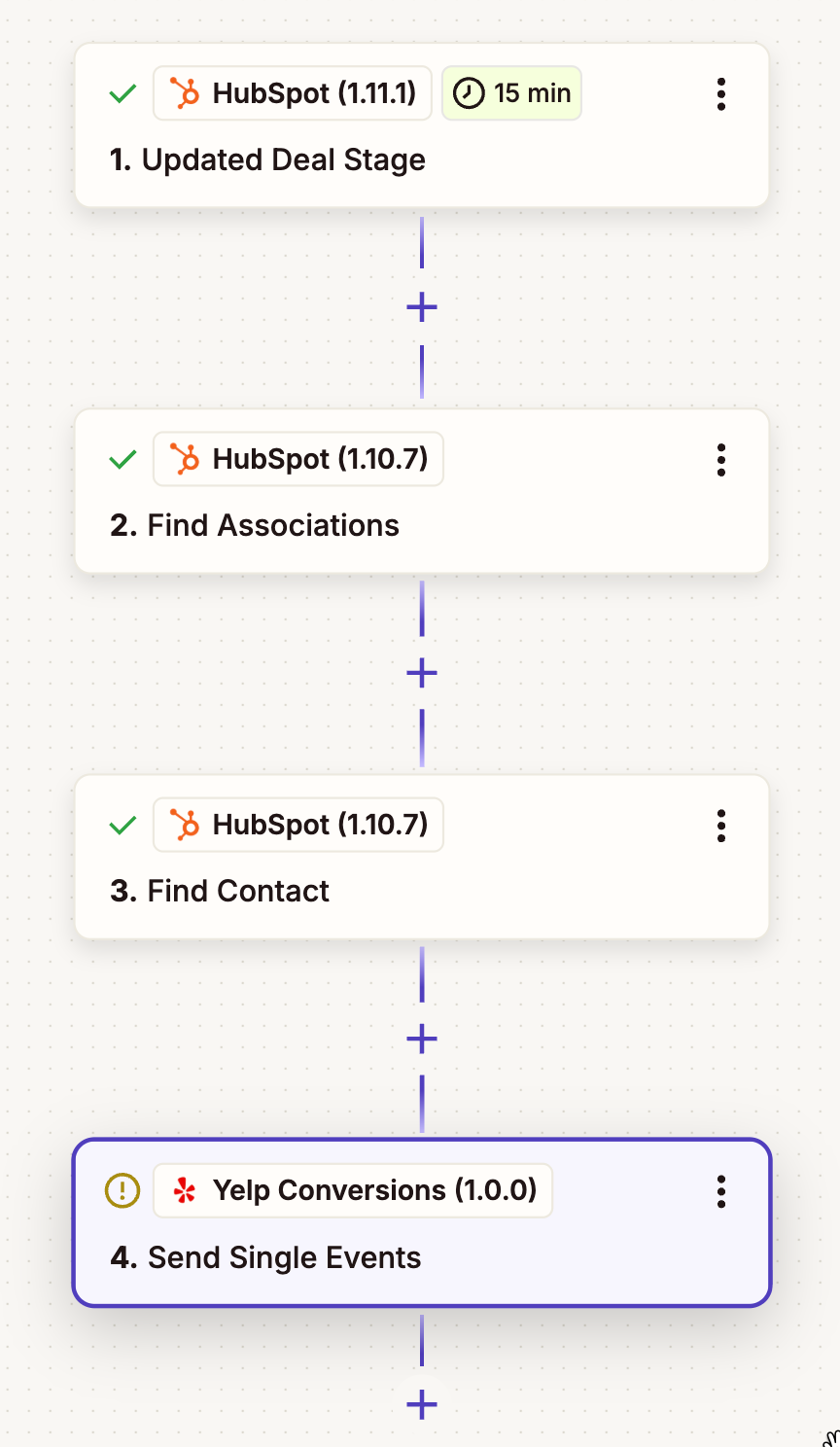 In the example above, additional steps are required to retrieve contact information associated with a deal in Hubspot.