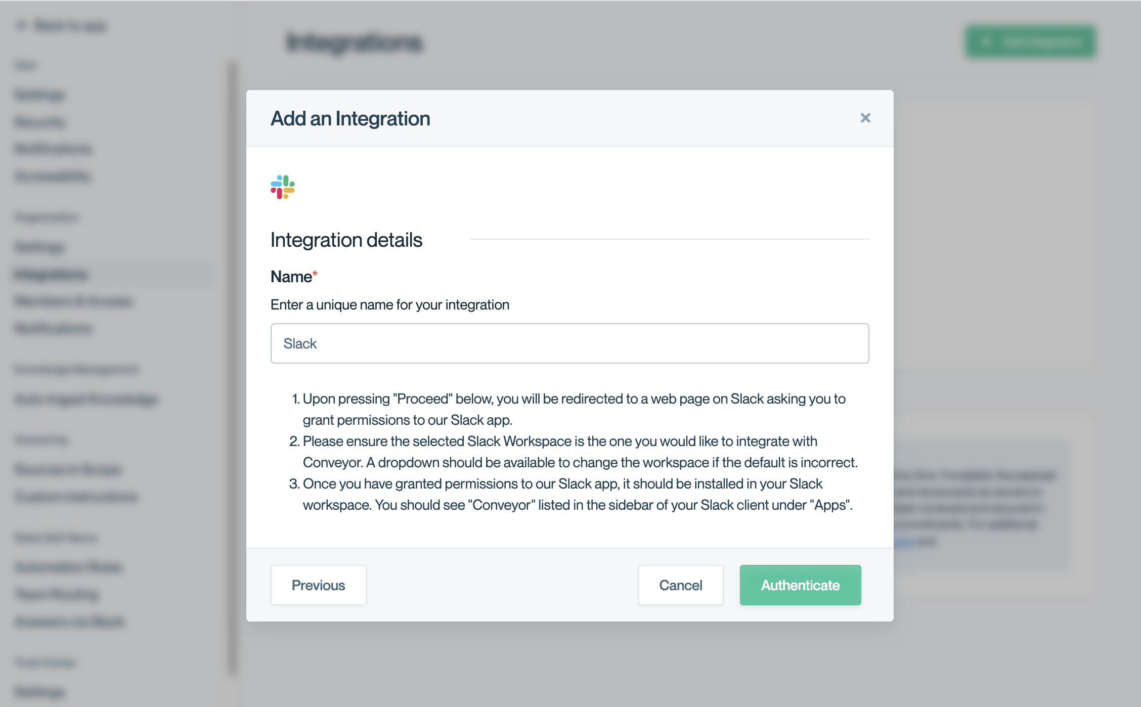 The Add an Integration dialog in Conveyor with the Slack option highlighted, described as 'Allows your team members to receive notifications and generate answers using ConveyorAI in Slack.'
