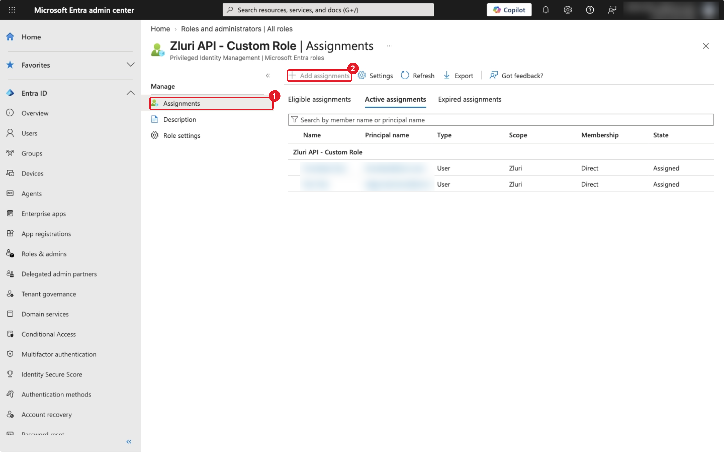 Assignments page for the custom role, with Add assignments highlighted