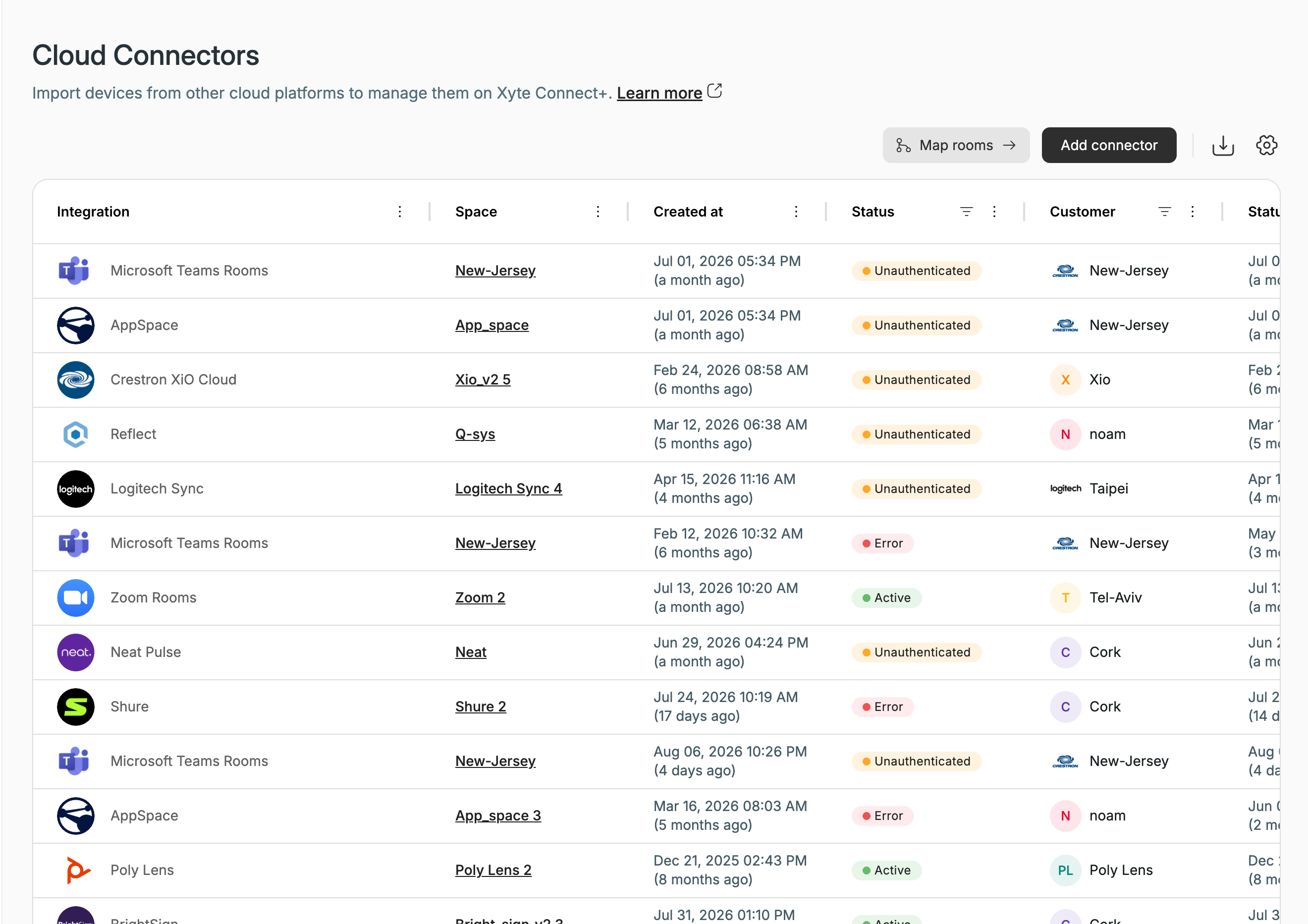 The Cloud Connectors list showing connector statuses.