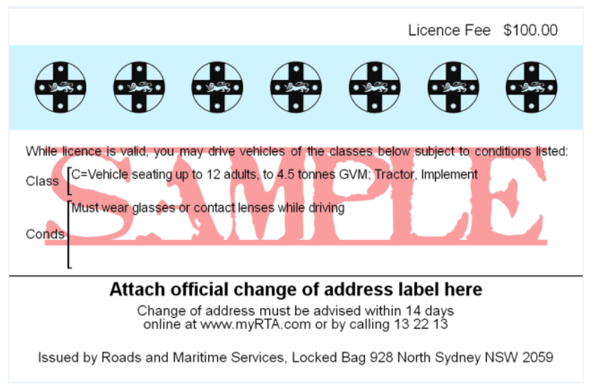 New South Wales Driver Licence sample - back