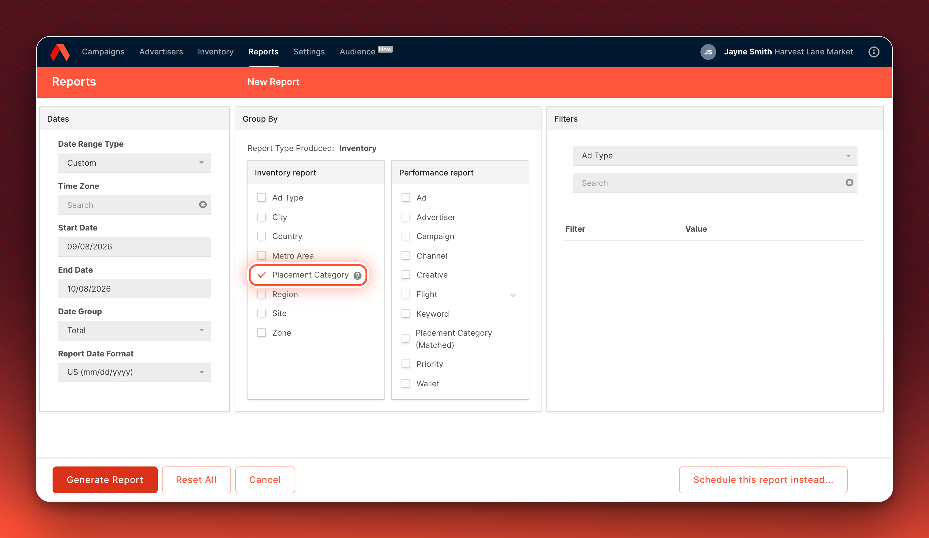 The report builder with Placement Category ticked in the Inventory report column of Group By.