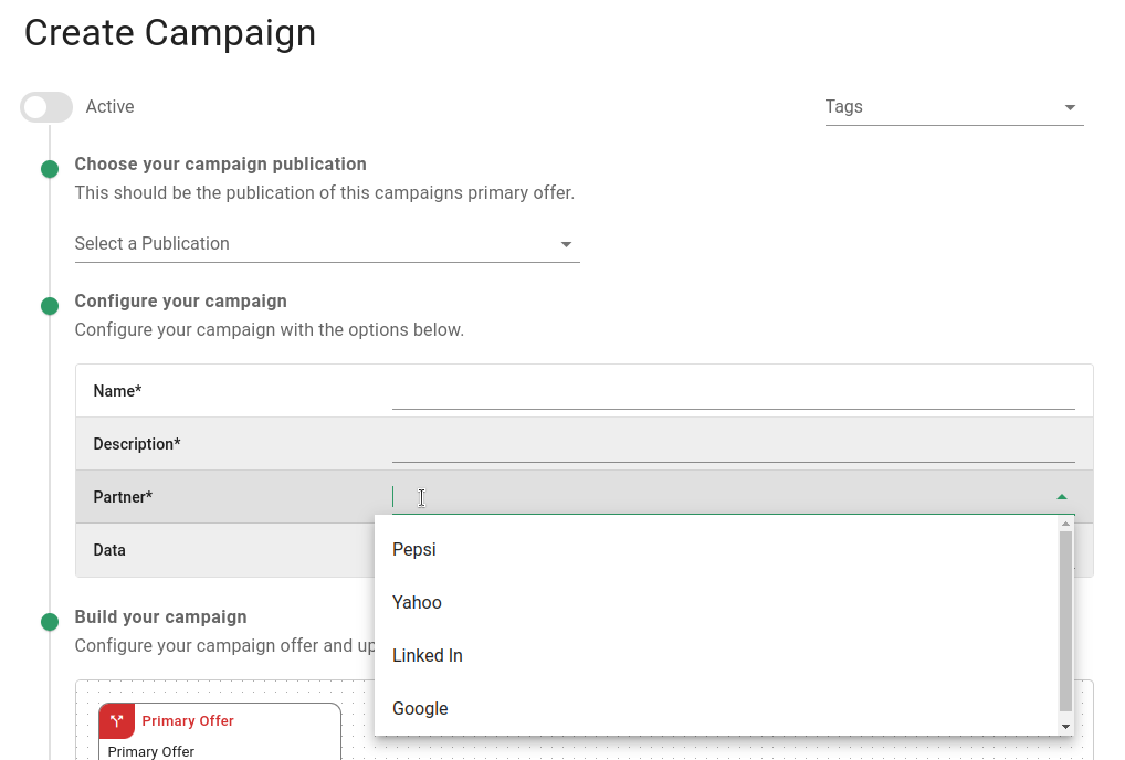 Partner select on campaign forms