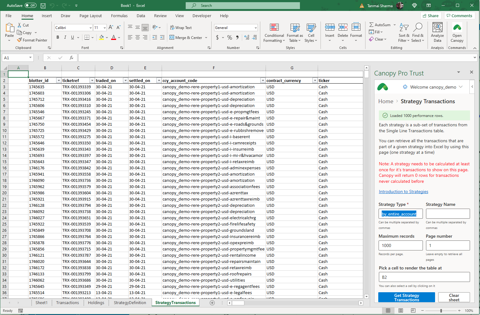 Strategy Transactions as retrieved from the Excel Add-in