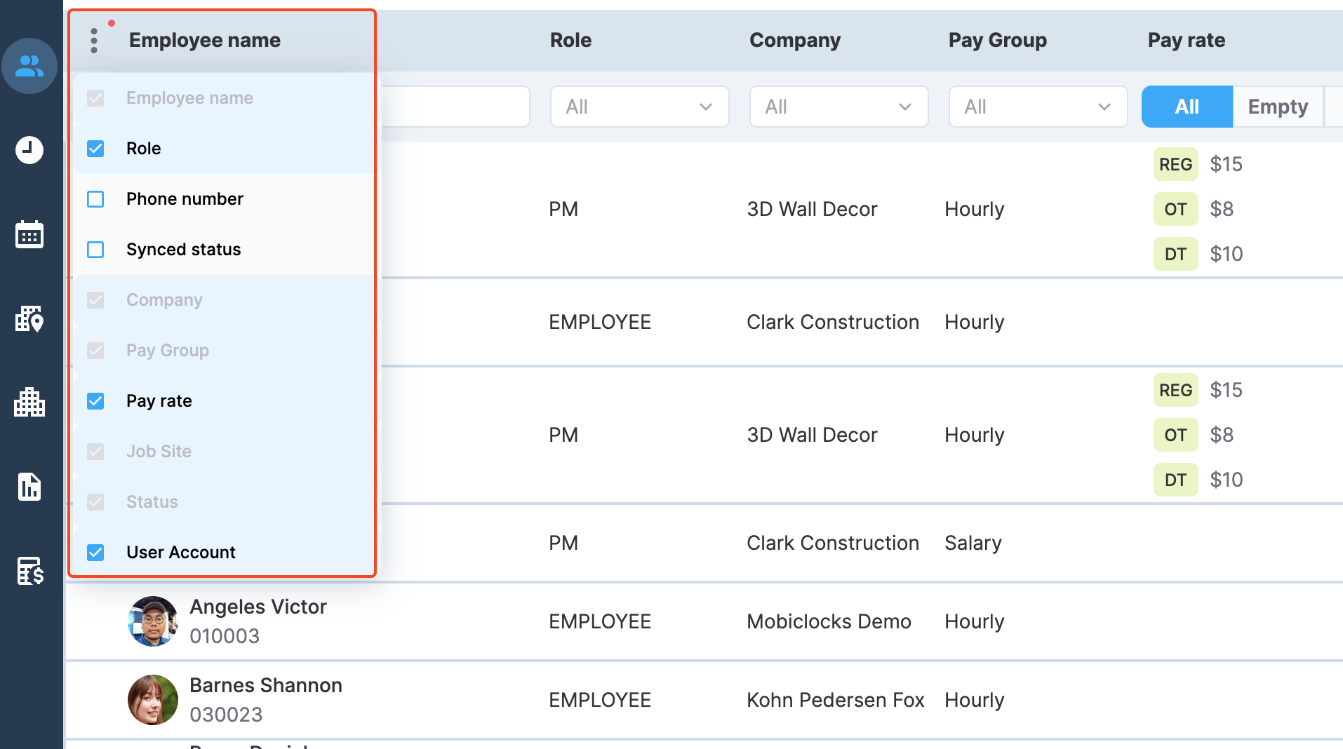 Column visibility selection