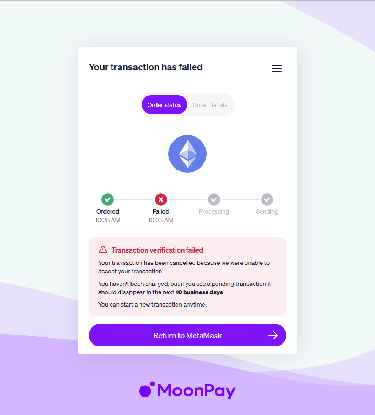 Transaction canceled UI in MoonPay app.