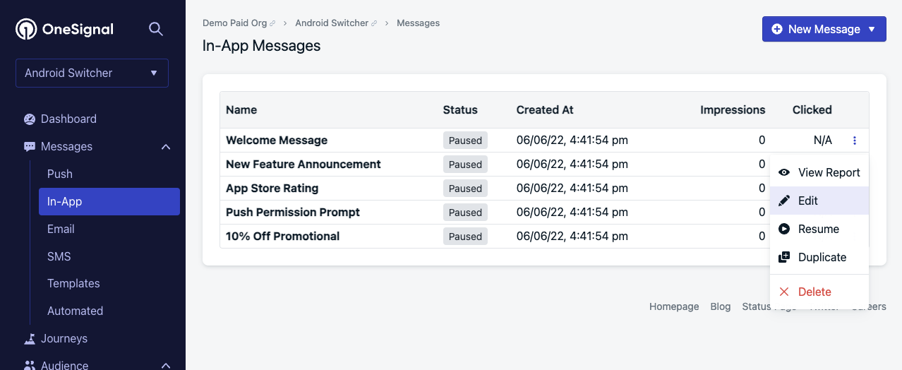 Screenshot showing how to edit an existing in-app message