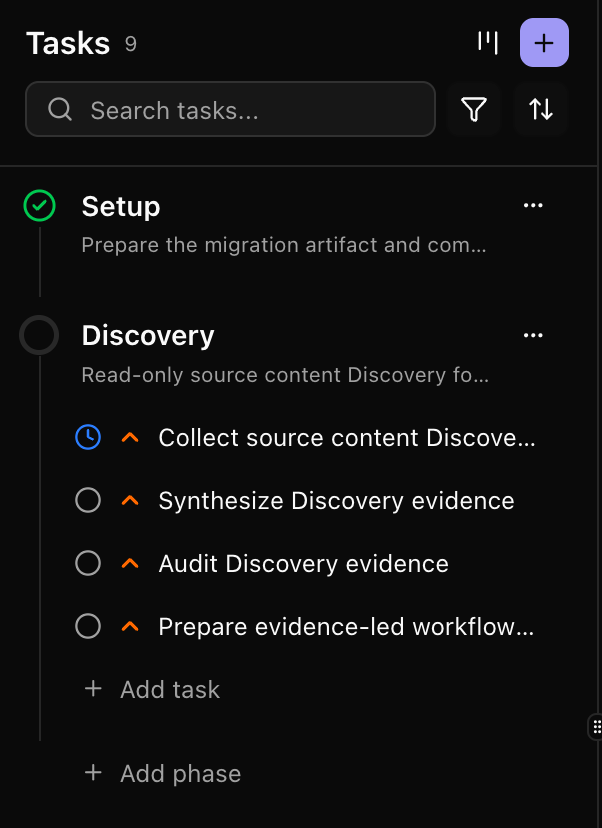 The task list, with a finished Setup phase and the Discovery phase's tasks