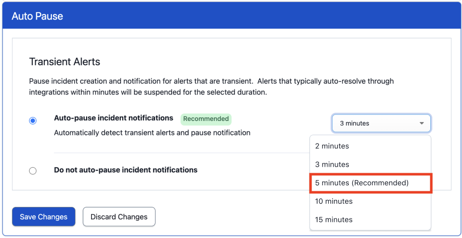 A screenshot of the PagerDuty web app showing the recommended pause duration