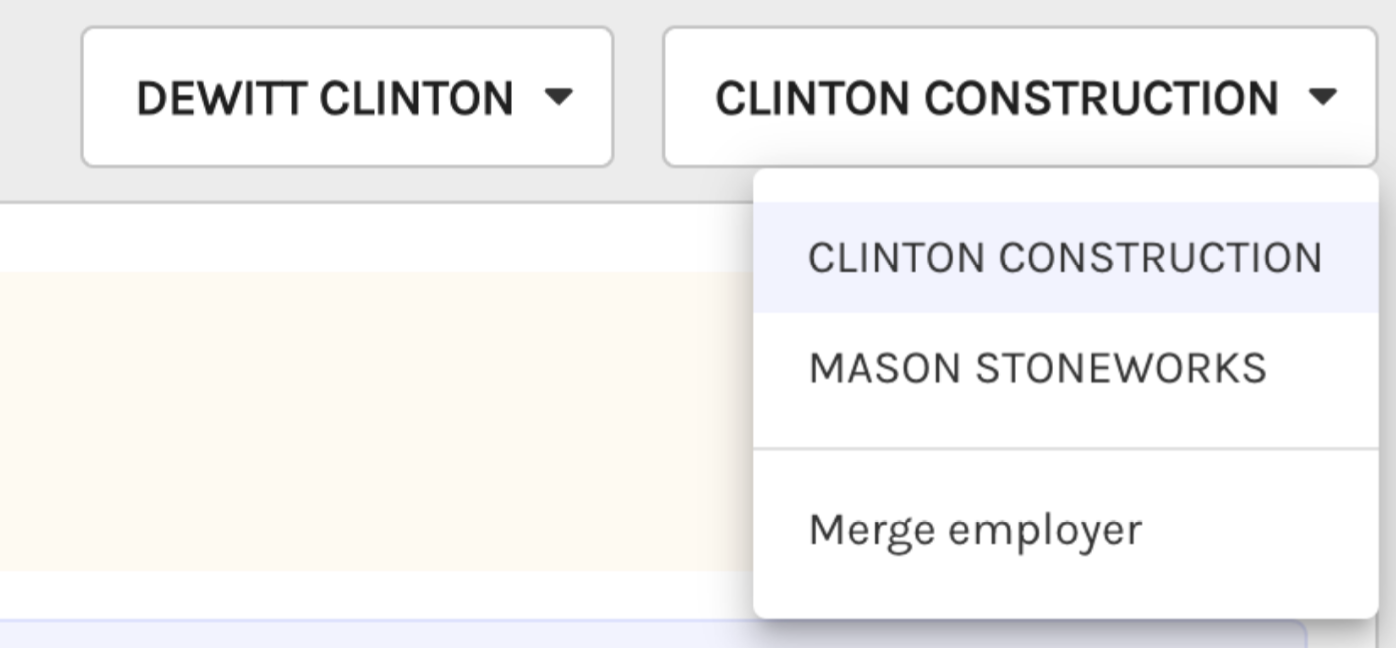 The employer dropdown shows two different employer names, even though they are the same employer. An option to **Merge employer** is presented.