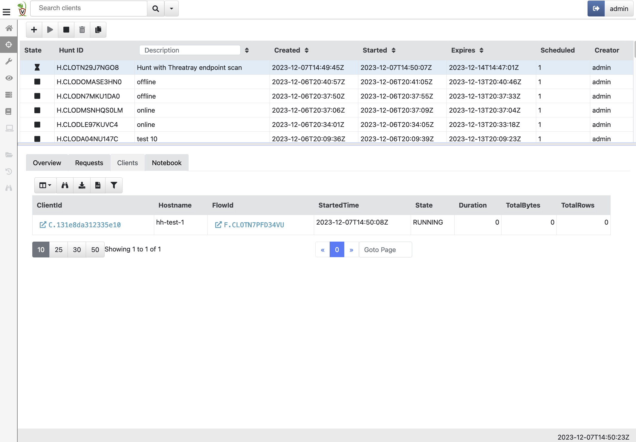 The hunt running on one host called `hh-test-1.`