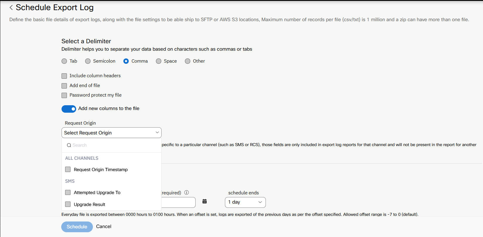 Screenshot fo Schedule Export Log