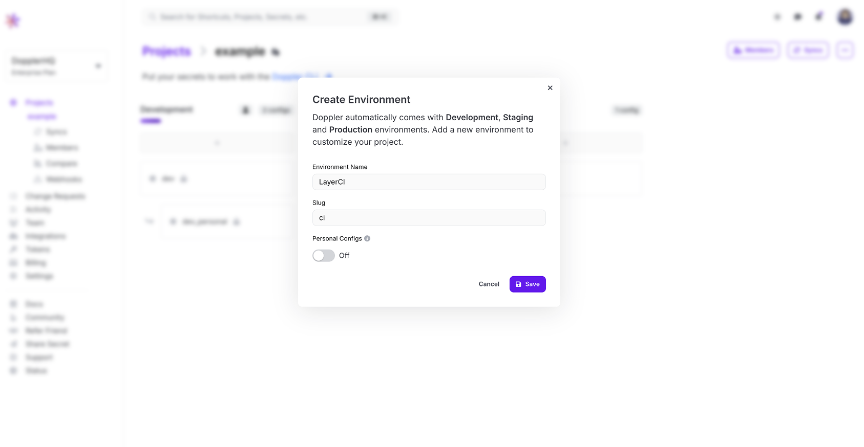 Screenshot of Doppler UI showing modal to name and save environment