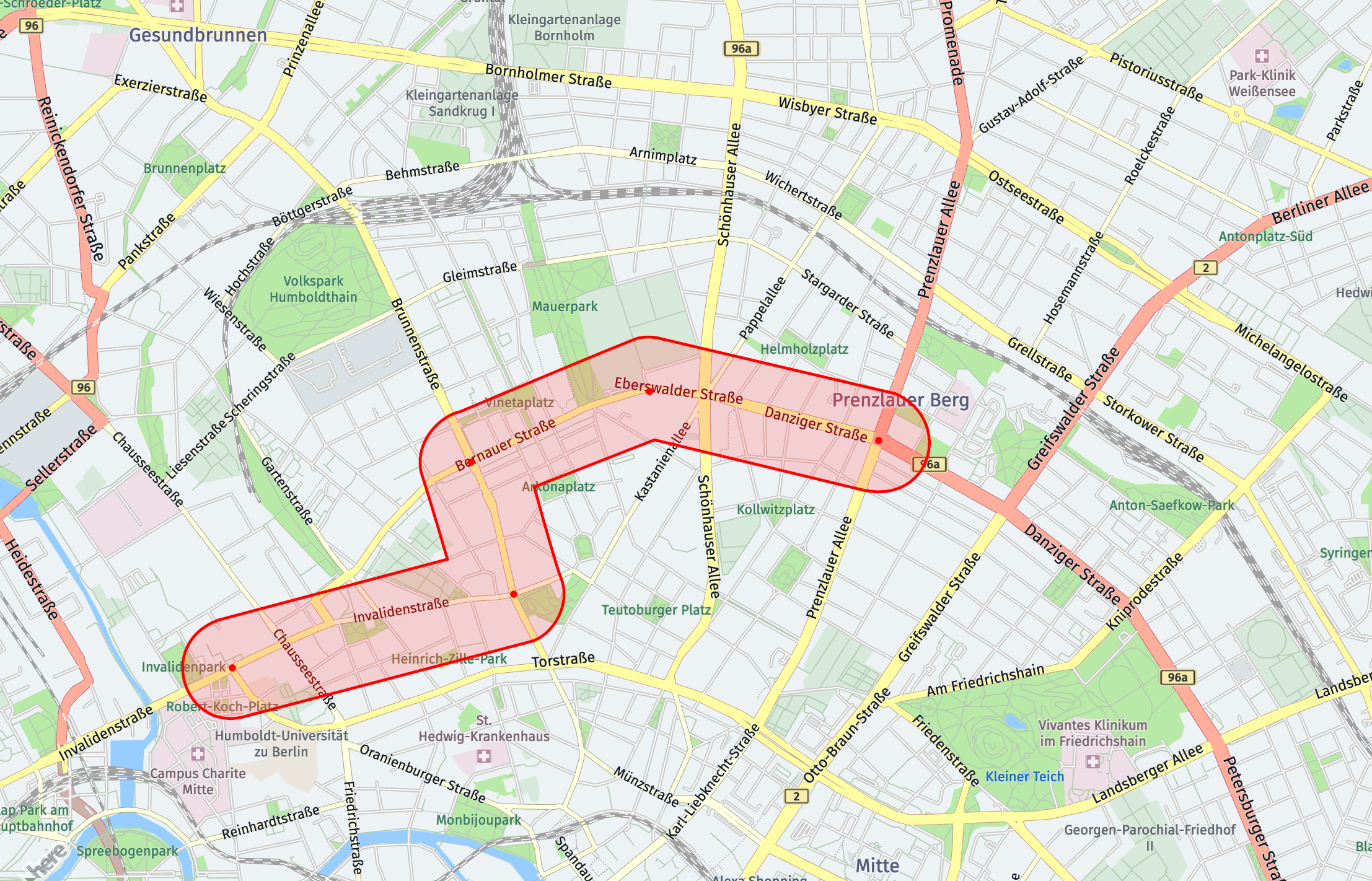 A representation of a corridor filter laid over a map of Mitte, Berlin