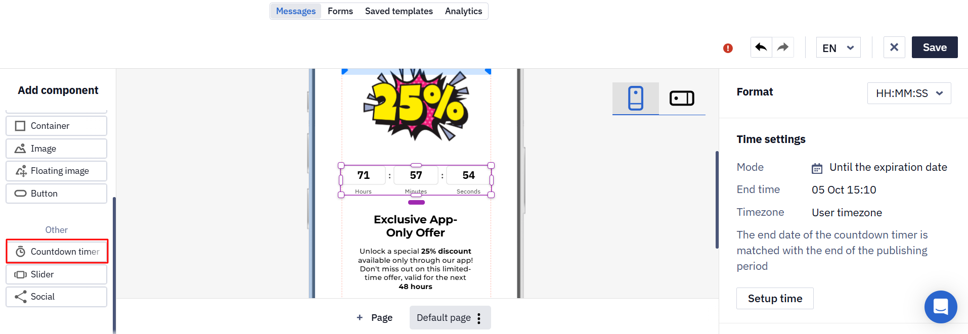 In-App editor with the Countdown timer component highlighted in the left panel and the timer settings showing format, mode, end time, and timezone
