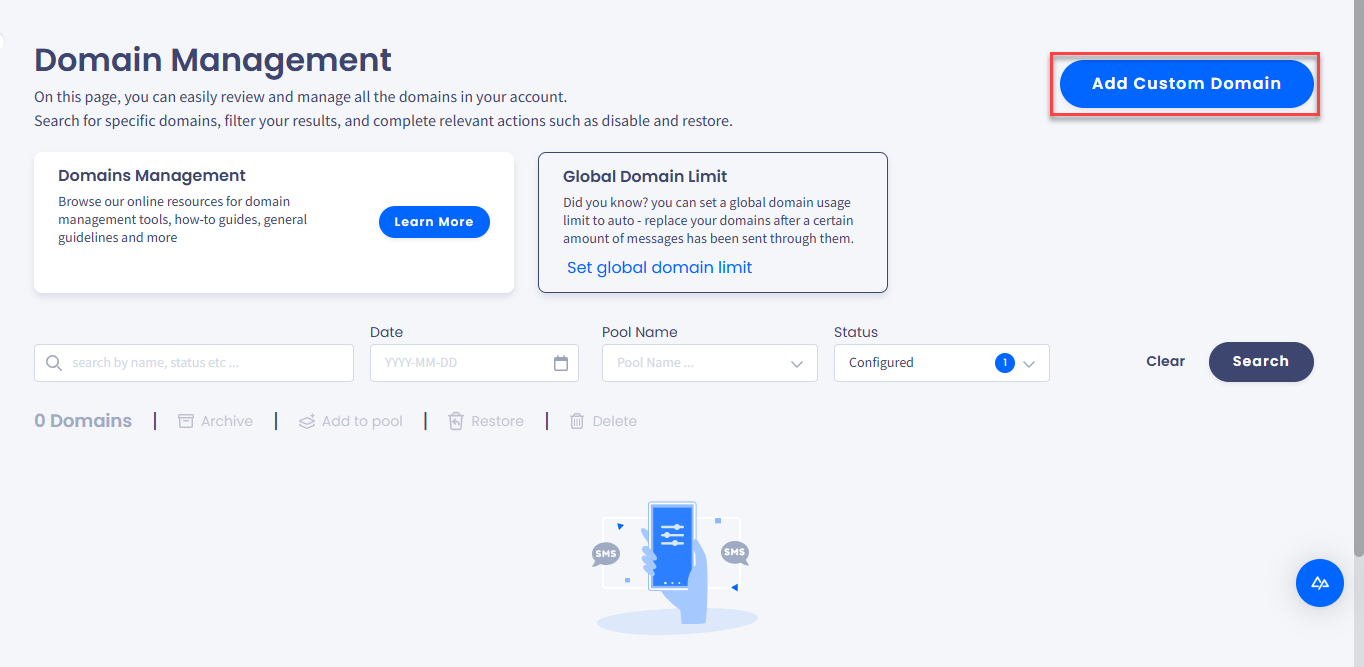 Screenshot of the Domain Management page