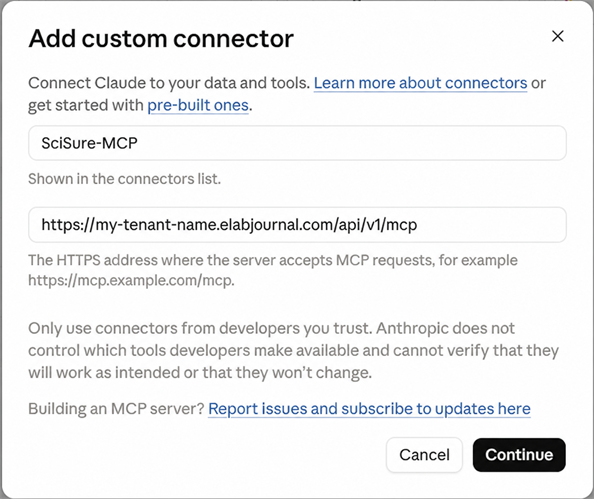 Claude Add custom connector dialog with SciSure-MCP and the <your-instance> MCP endpoint