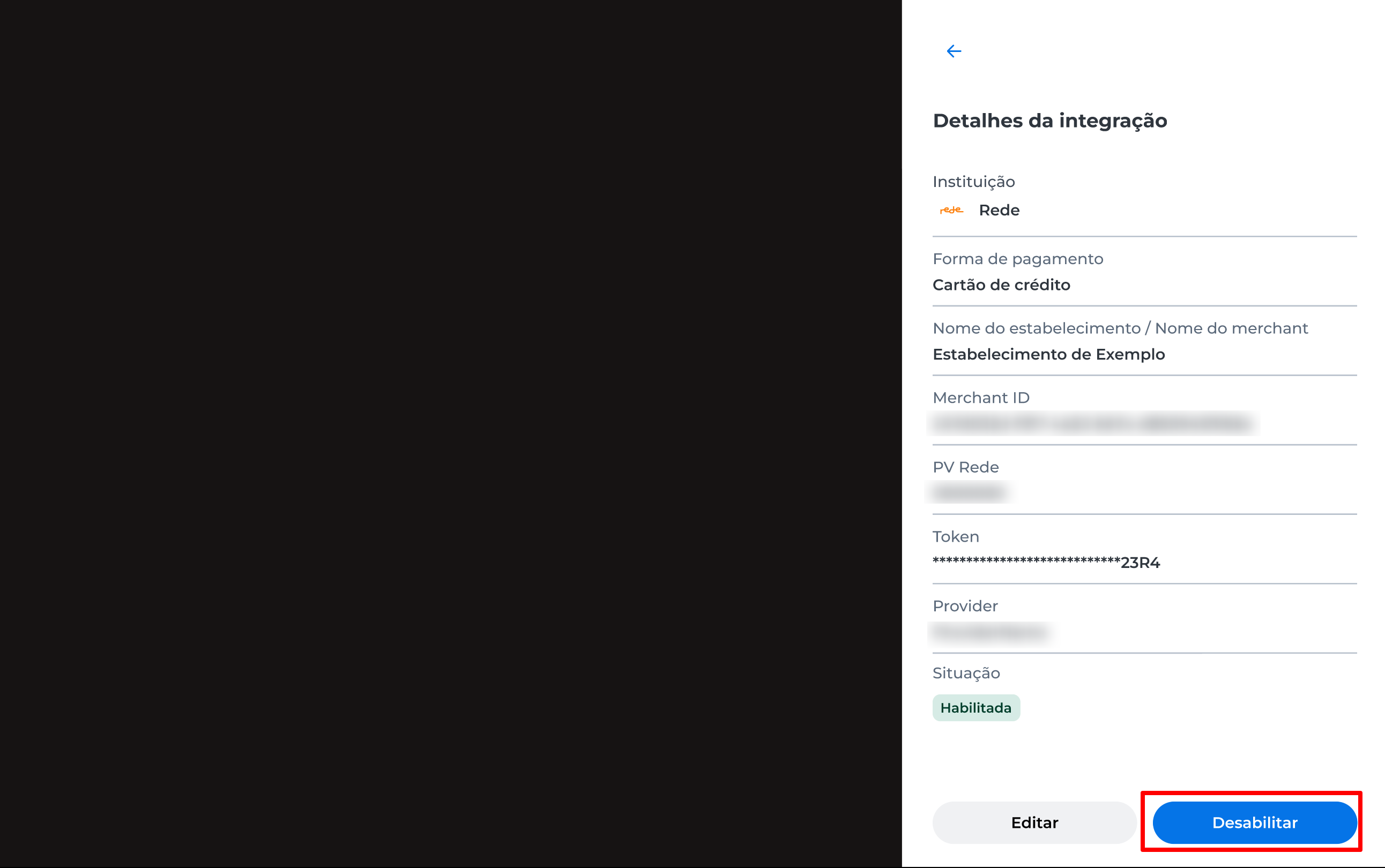 Janela exibindo os detalhes da integração da forma de pagamento selecionada, com o botão "Desabilitar" visível para alteração de status.